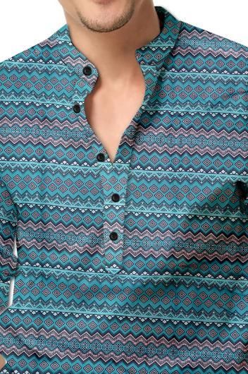 Men's Printed Spread Collar Casual Shirt Blue