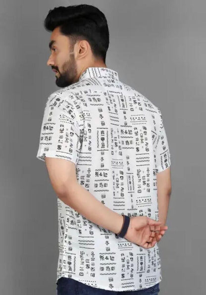 Men's Printed Half Sleeves Spread Collar Casual Shirt White & Black